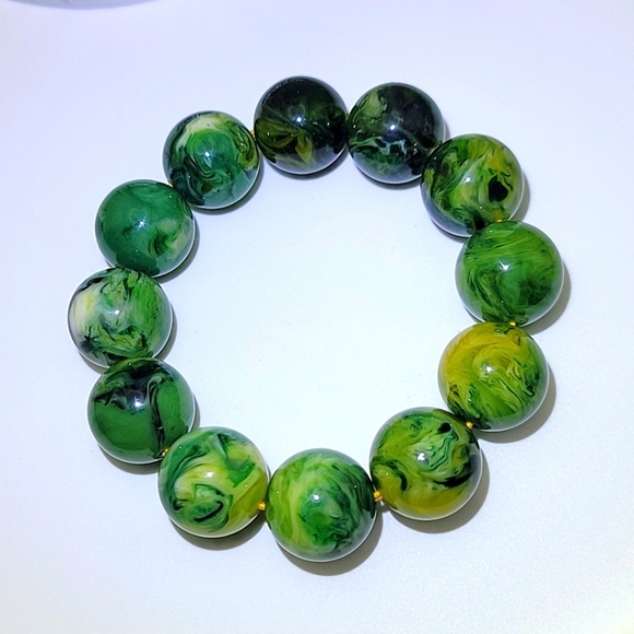 20mm Green Swirl Beeswax Amber Beaded Stretch Bracelet Size 7" Certified Beads - Picture 2 of 10